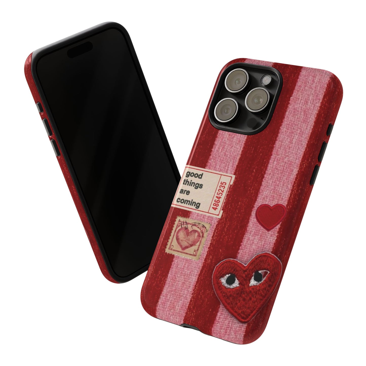 Phone Case — Red Striped Heart Design with “Good Things Are Coming”