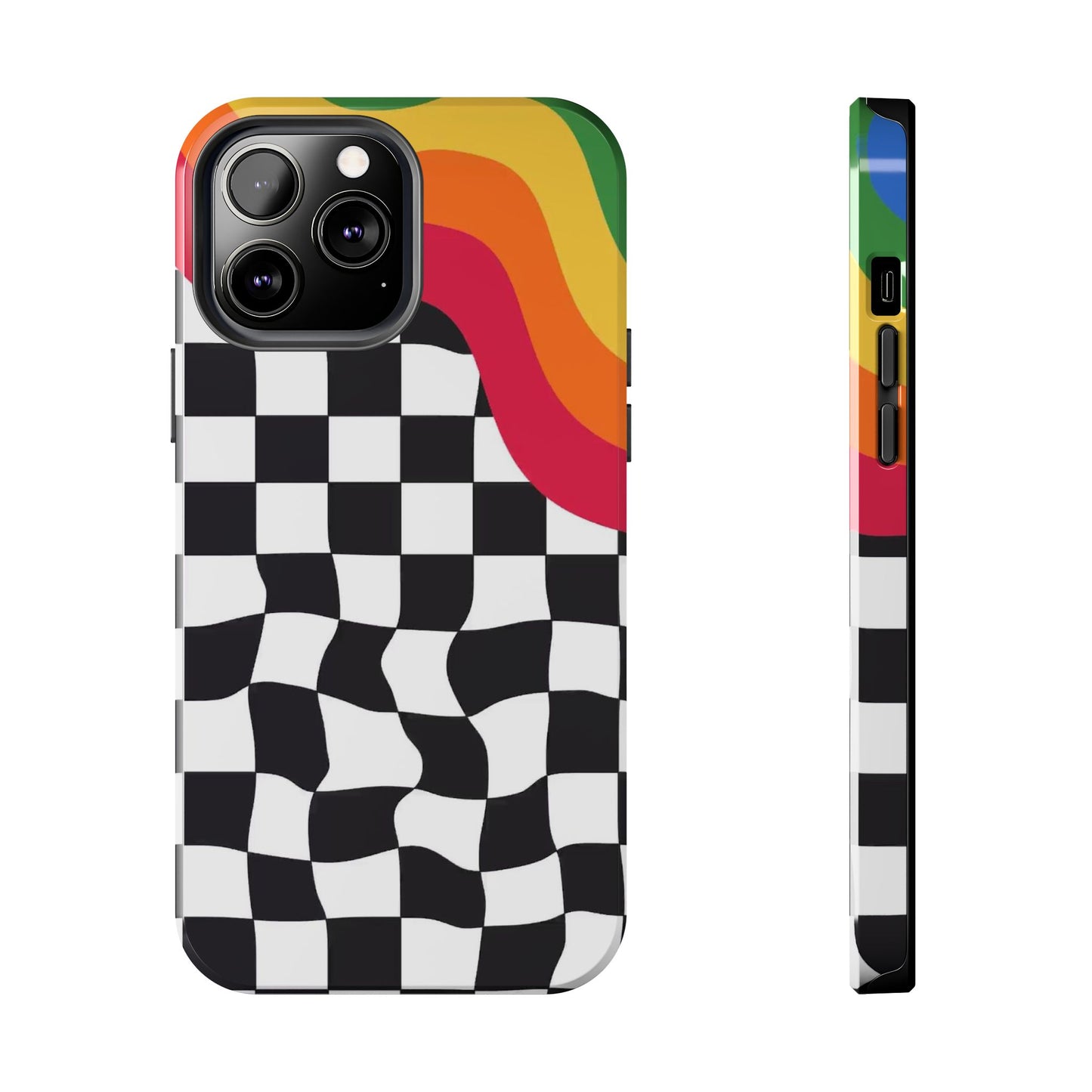 Retro Wavy Checkerboard Tough Phone Case — Rainbow Surf Skate Design