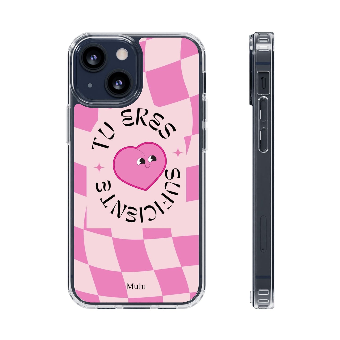Clear Impact-Resistant Phone Case — Pink Checkerheart “Tu Eres Suficiente” Design