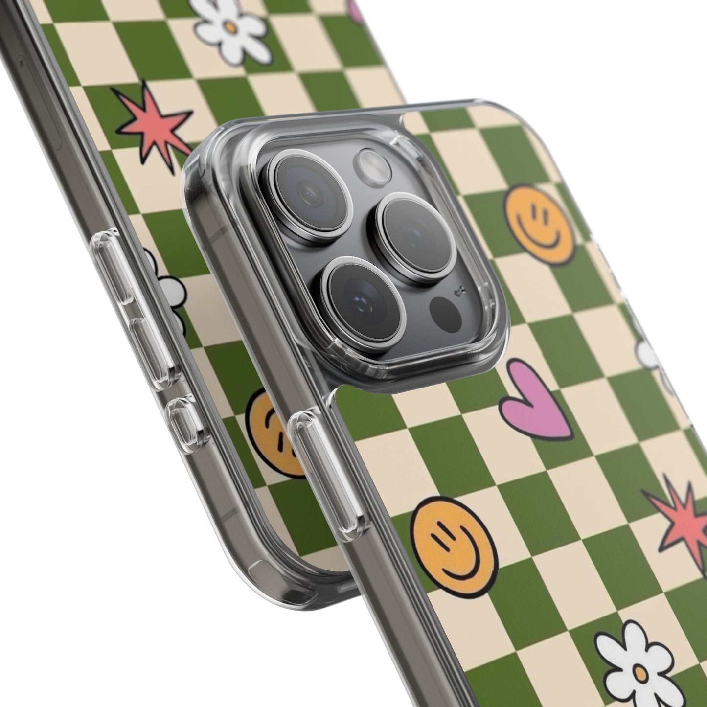 Clear Impact-Resistant Case — Retro Green Checkerboard with Smiley, Hearts & Flowers
