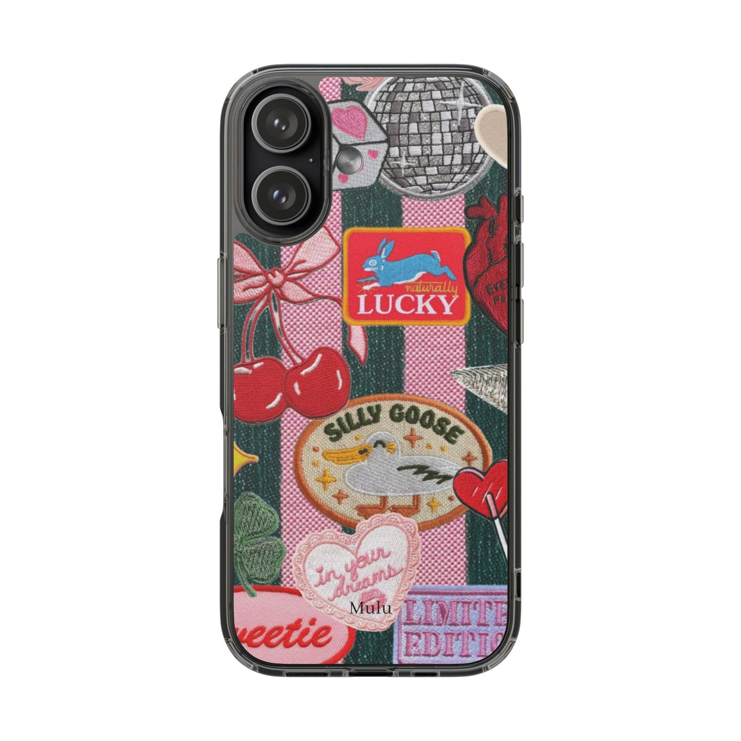 Clear Impact-Resistant Phone Case — Retro Patchwork Stickers (Lucky, Cherries, Silly Goose)