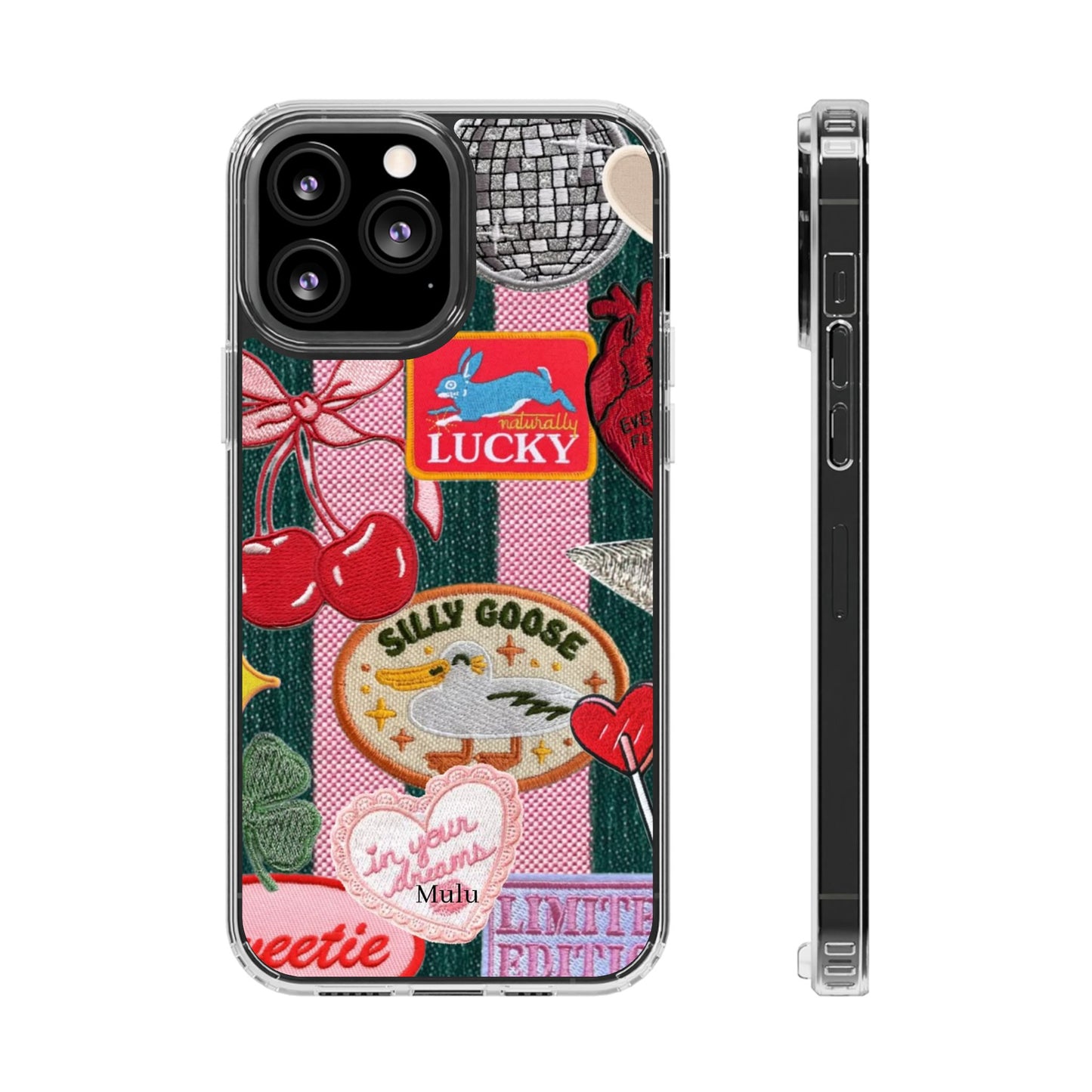 Clear Impact-Resistant Phone Case — Retro Patchwork Stickers (Lucky, Cherries, Silly Goose)