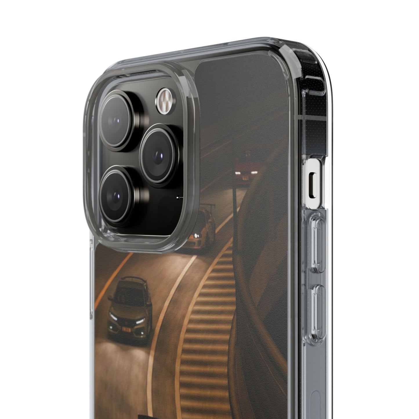 Racing Night Clear Phone Case – Sports Cars on Curved Highway
