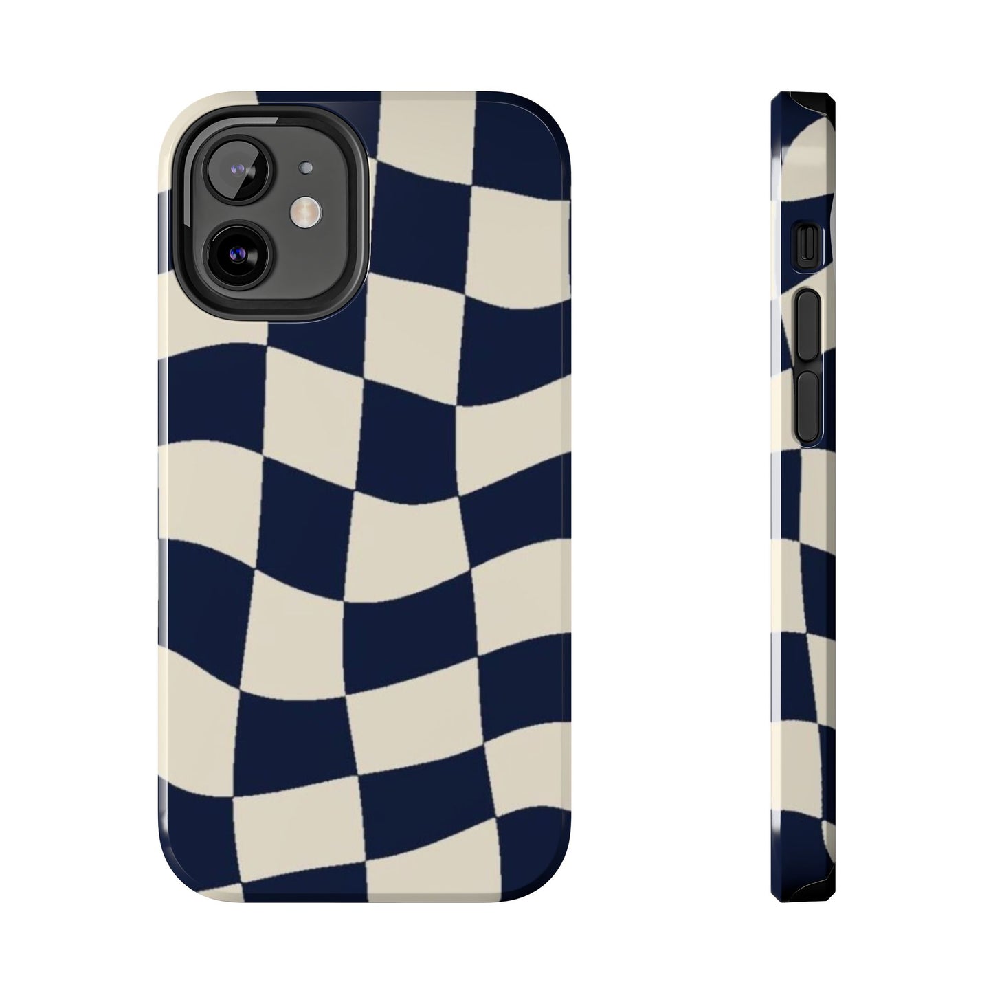 Wavy Checkerboard Tough Phone Case — Navy & Cream Protective Cover