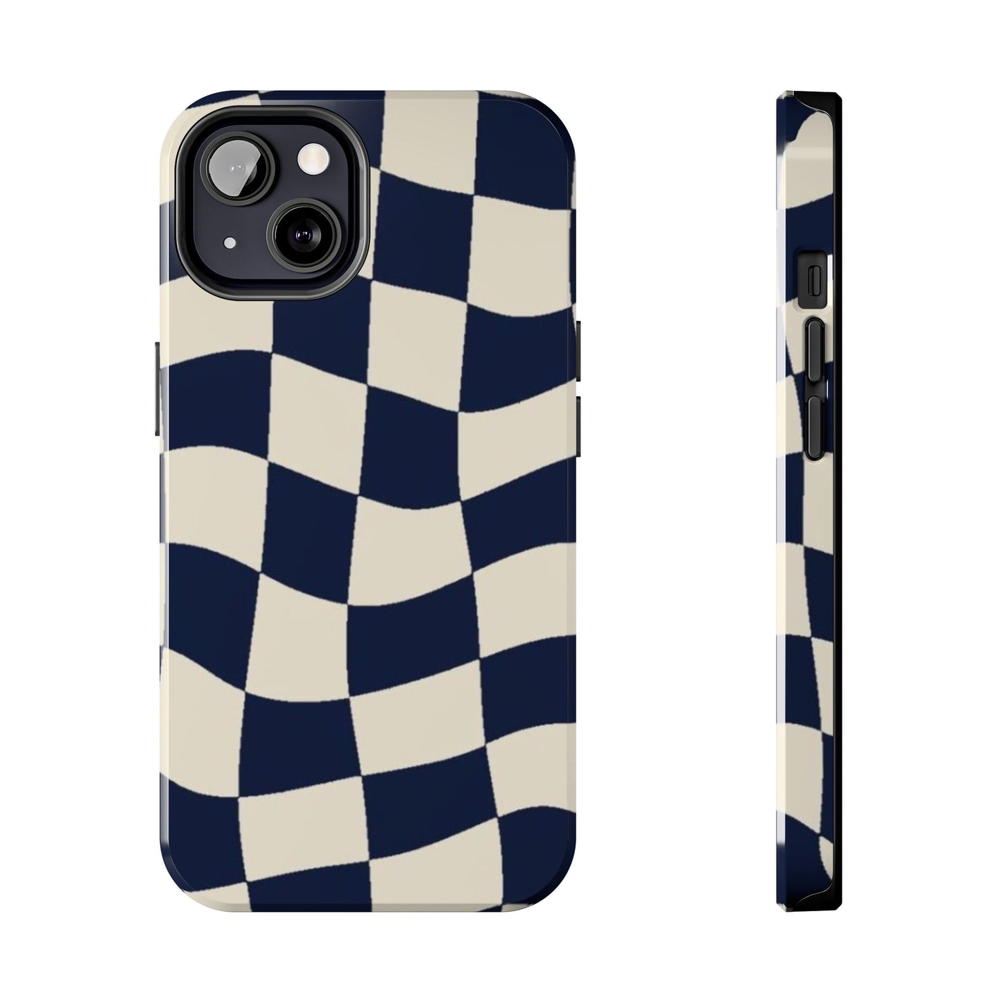Wavy Checkerboard Tough Phone Case — Navy & Cream Protective Cover