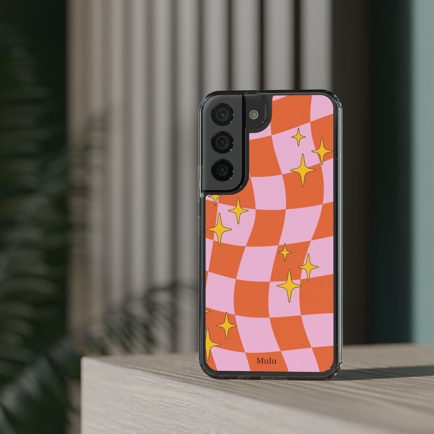 Clear Impact-Resistant Case — Retro Pink & Orange Checker with Sparkle Stars