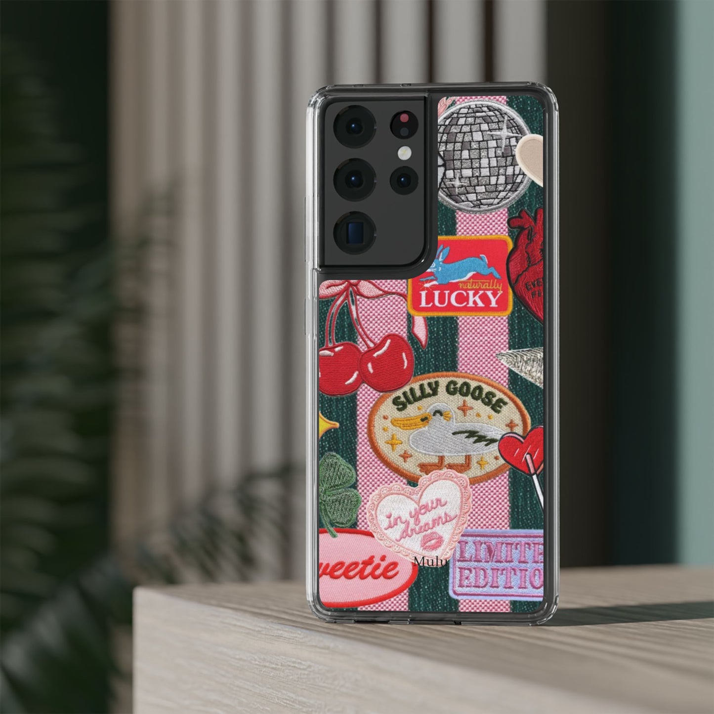 Clear Impact-Resistant Phone Case — Retro Patchwork Stickers (Lucky, Cherries, Silly Goose)