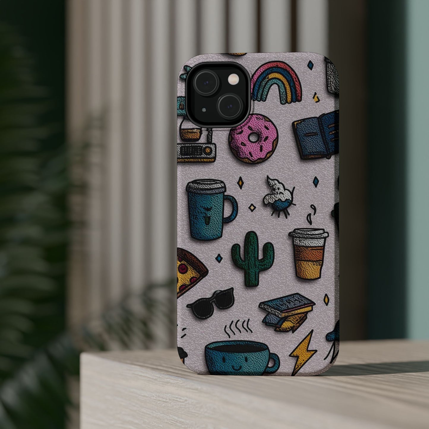 Cute Doodle Phone Case — Magnetic Impact-Resistant Design (coffee, rainbow, cactus)