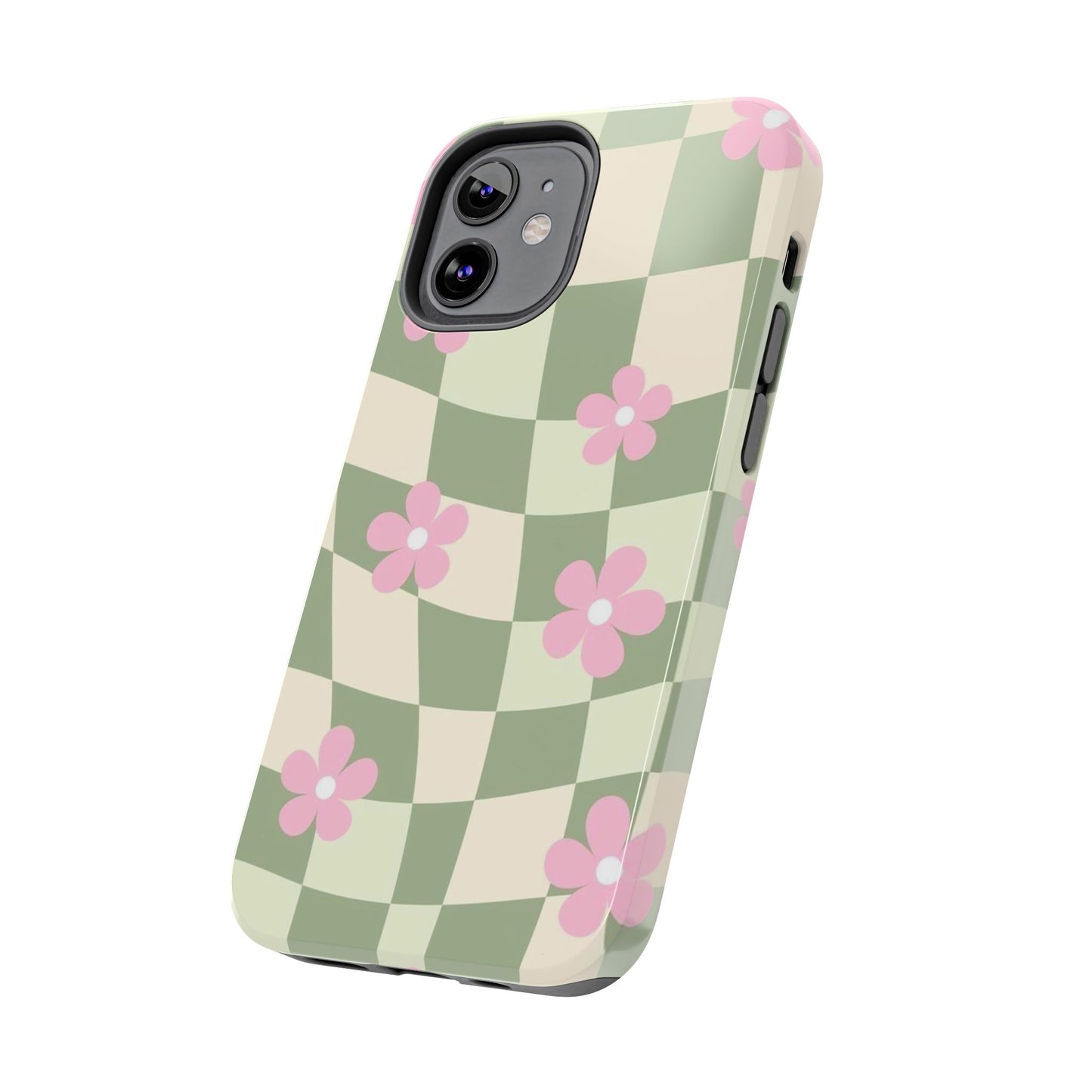 Tough Phone Case — Retro Green Checkerboard with Pink Flowers