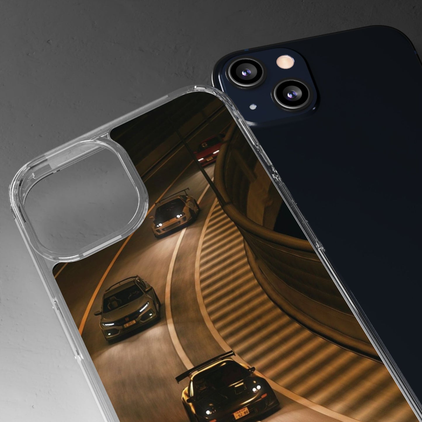 Racing Night Clear Phone Case – Sports Cars on Curved Highway