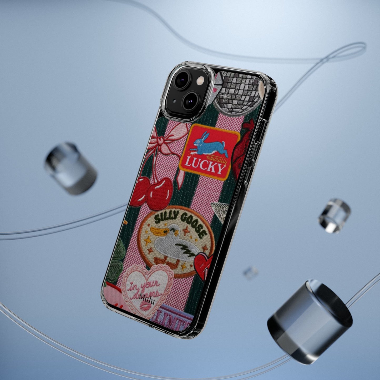 Clear Impact-Resistant Phone Case — Retro Patchwork Stickers (Lucky, Cherries, Silly Goose)