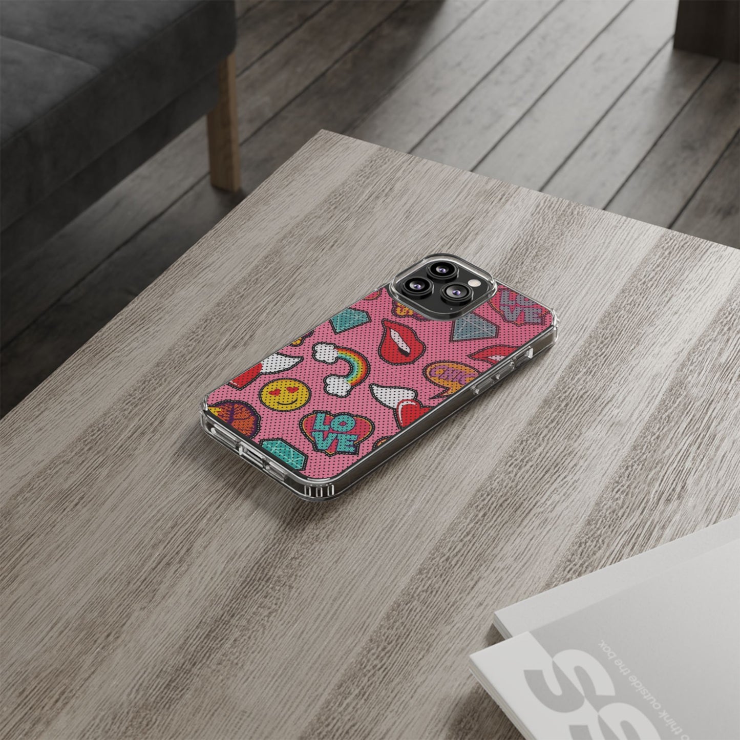 Clear Impact-Resistant Phone Case — Pink Pop Sticker Pattern (Hearts, Rainbows, Smileys)