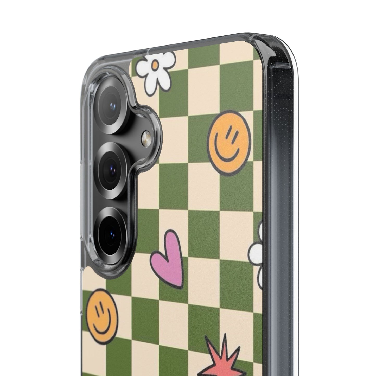 Clear Impact-Resistant Case — Retro Green Checkerboard with Smiley, Hearts & Flowers