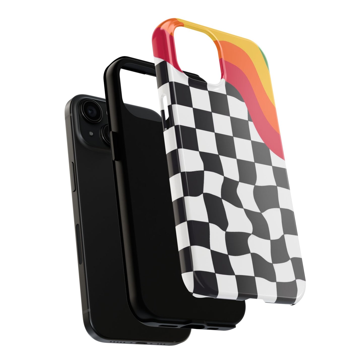Retro Wavy Checkerboard Tough Phone Case — Rainbow Surf Skate Design