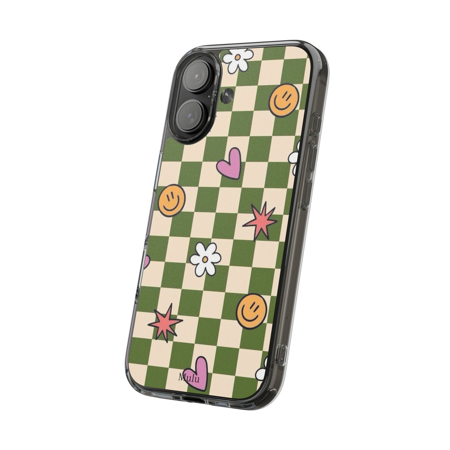 Clear Impact-Resistant Case — Retro Green Checkerboard with Smiley, Hearts & Flowers