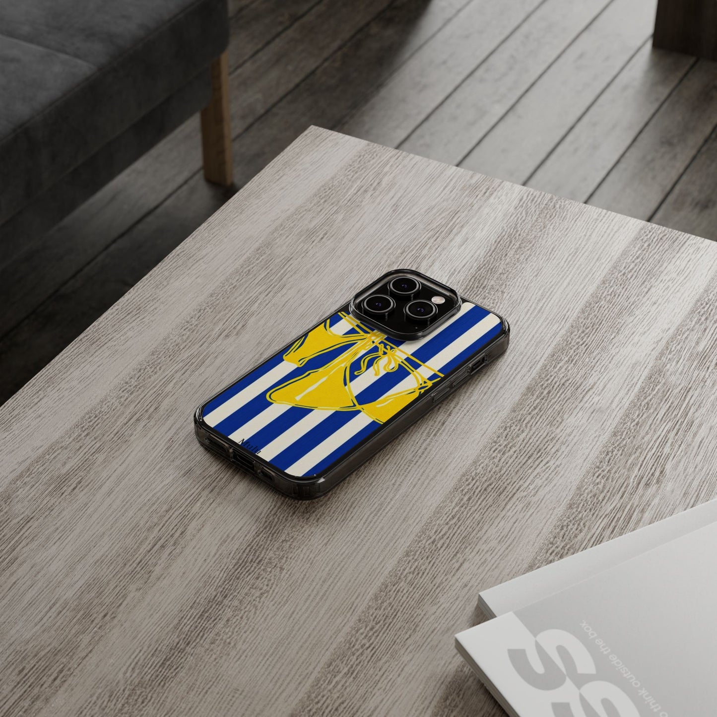 Striped Beach Bikini Phone Case — Yellow Swimwear on Blue & White Stripes, Clear Impact-Resistant