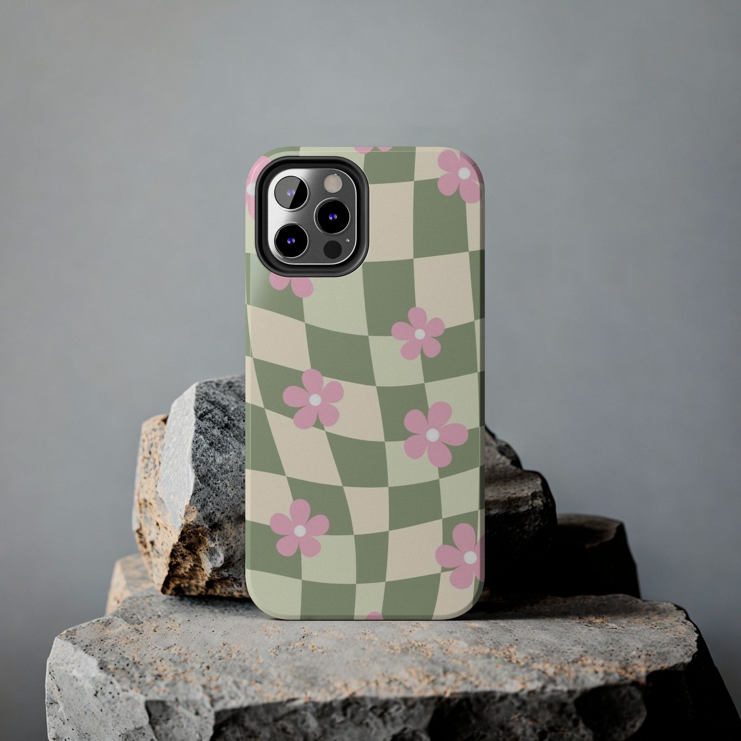 Tough Phone Case — Retro Green Checkerboard with Pink Flowers