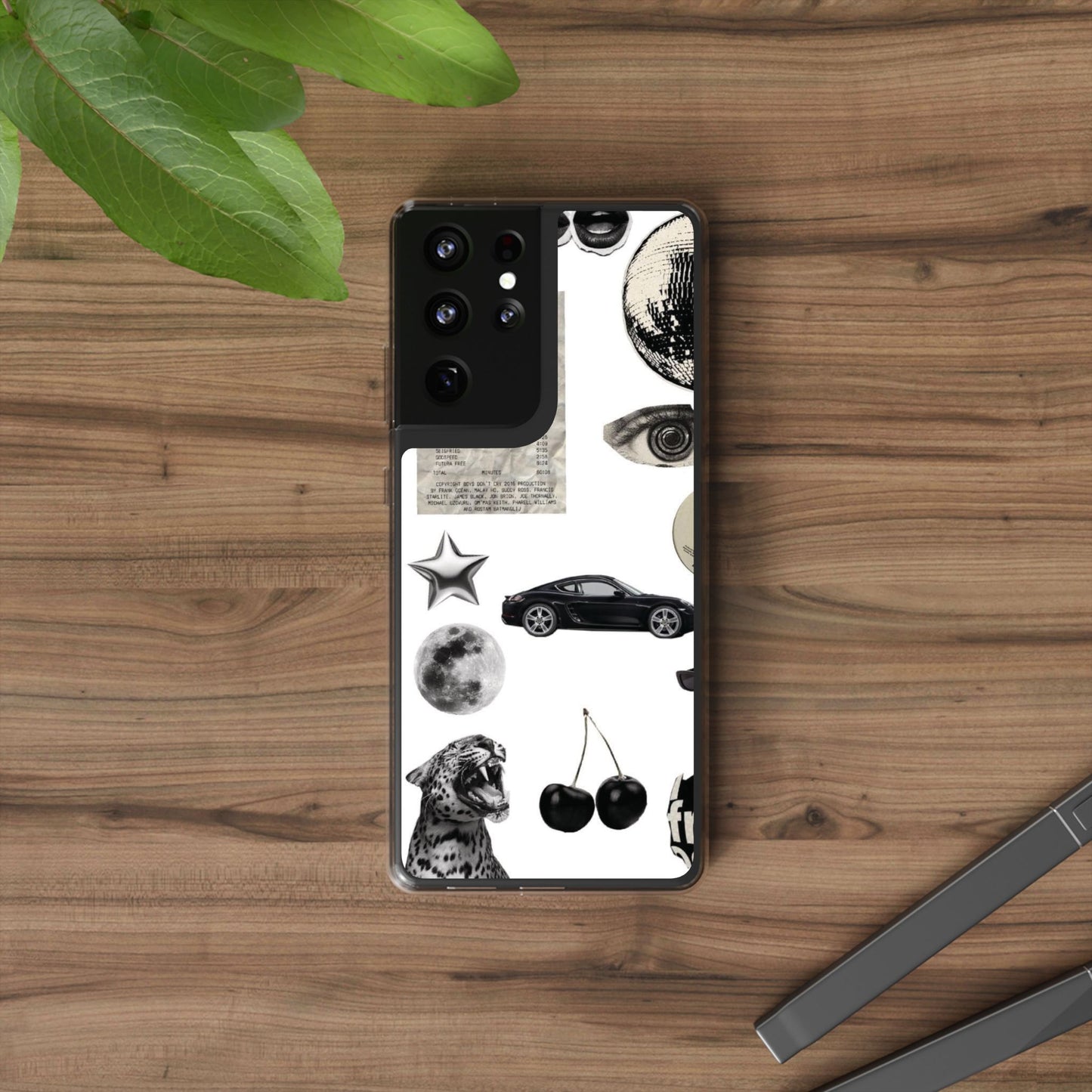 Clear Phone Case — Vintage Collage Stickers (Moon, Eye, Car, Cherries)