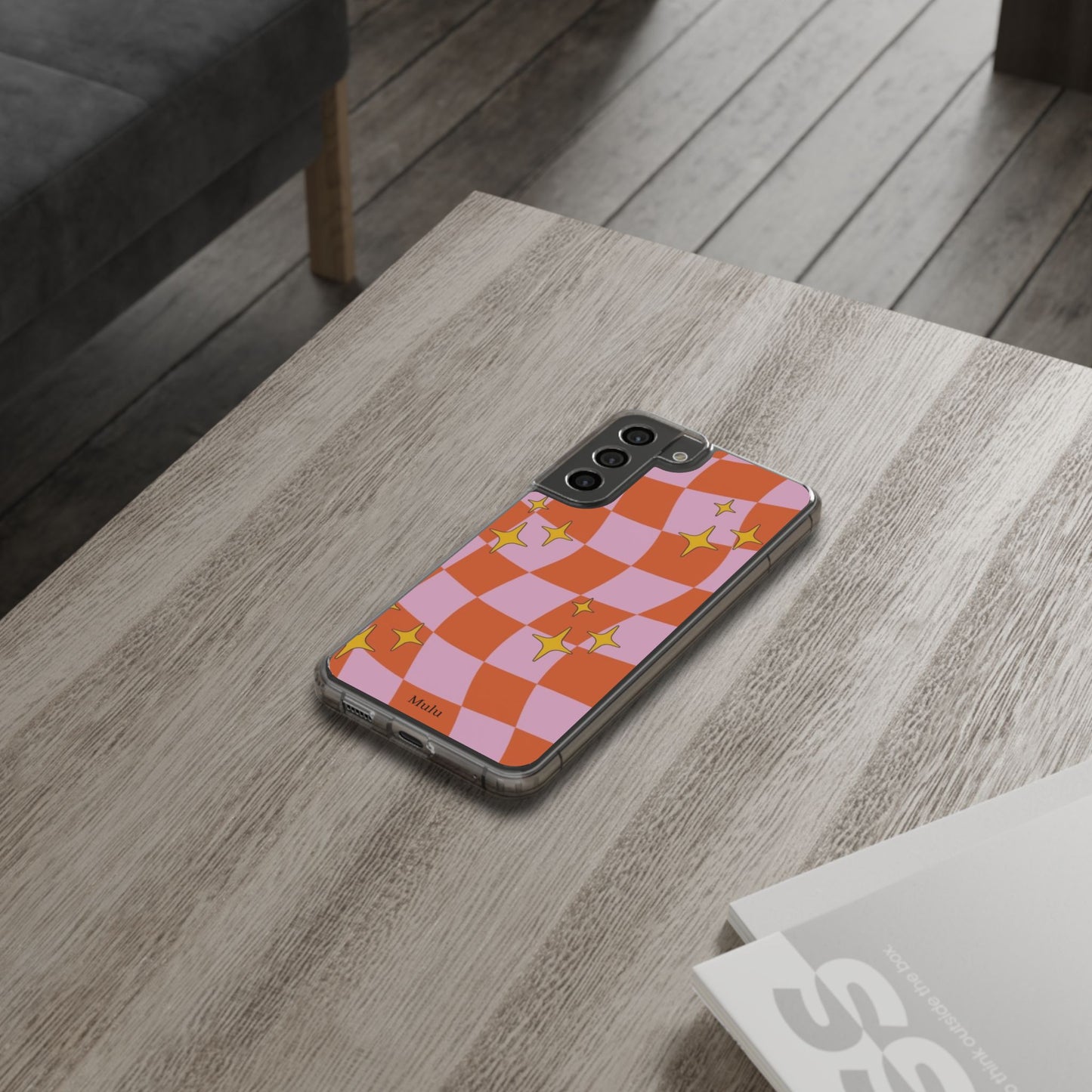 Clear Impact-Resistant Case — Retro Pink & Orange Checker with Sparkle Stars