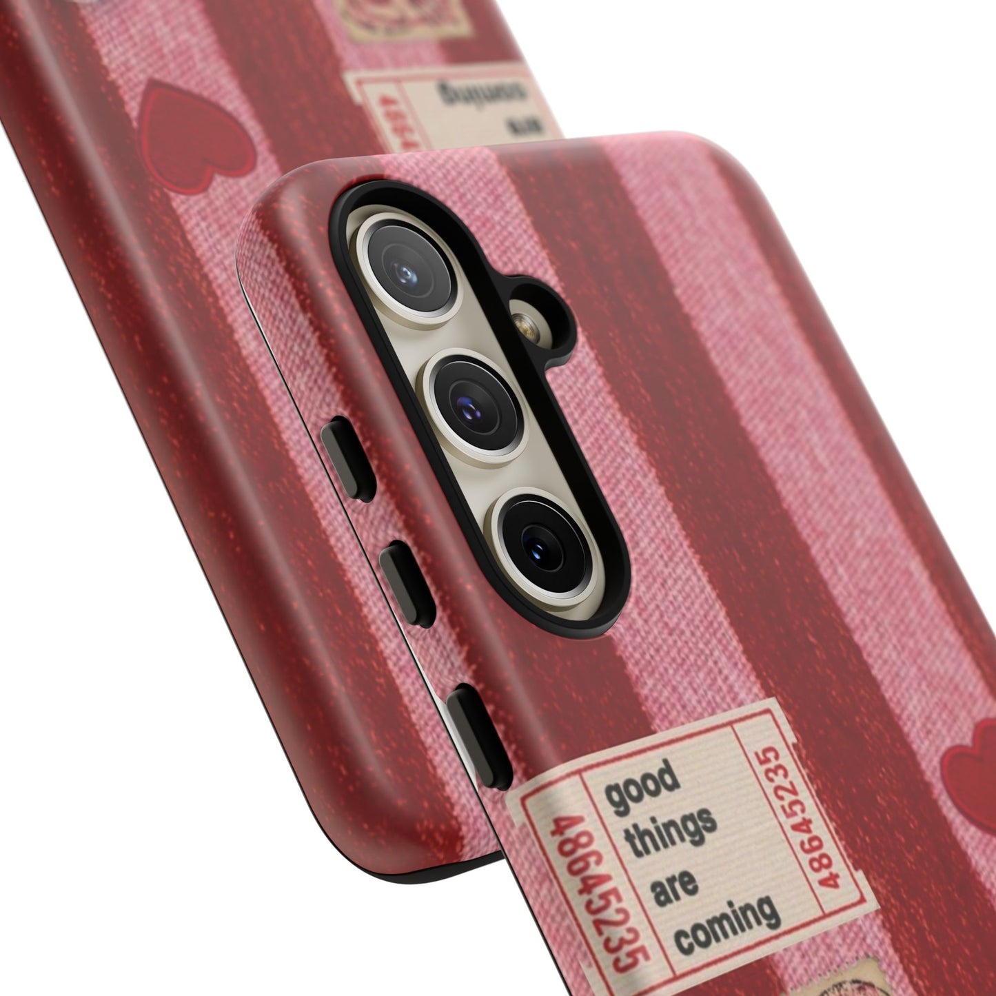 Phone Case — Red Striped Heart Design with “Good Things Are Coming”