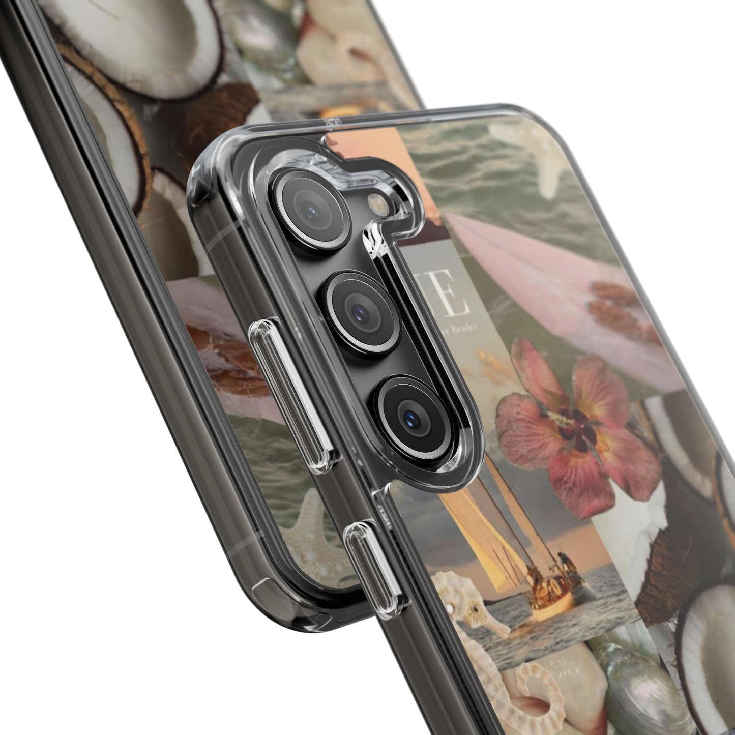 Clear Phone Case — Coastal Collage Shells & Surf Design