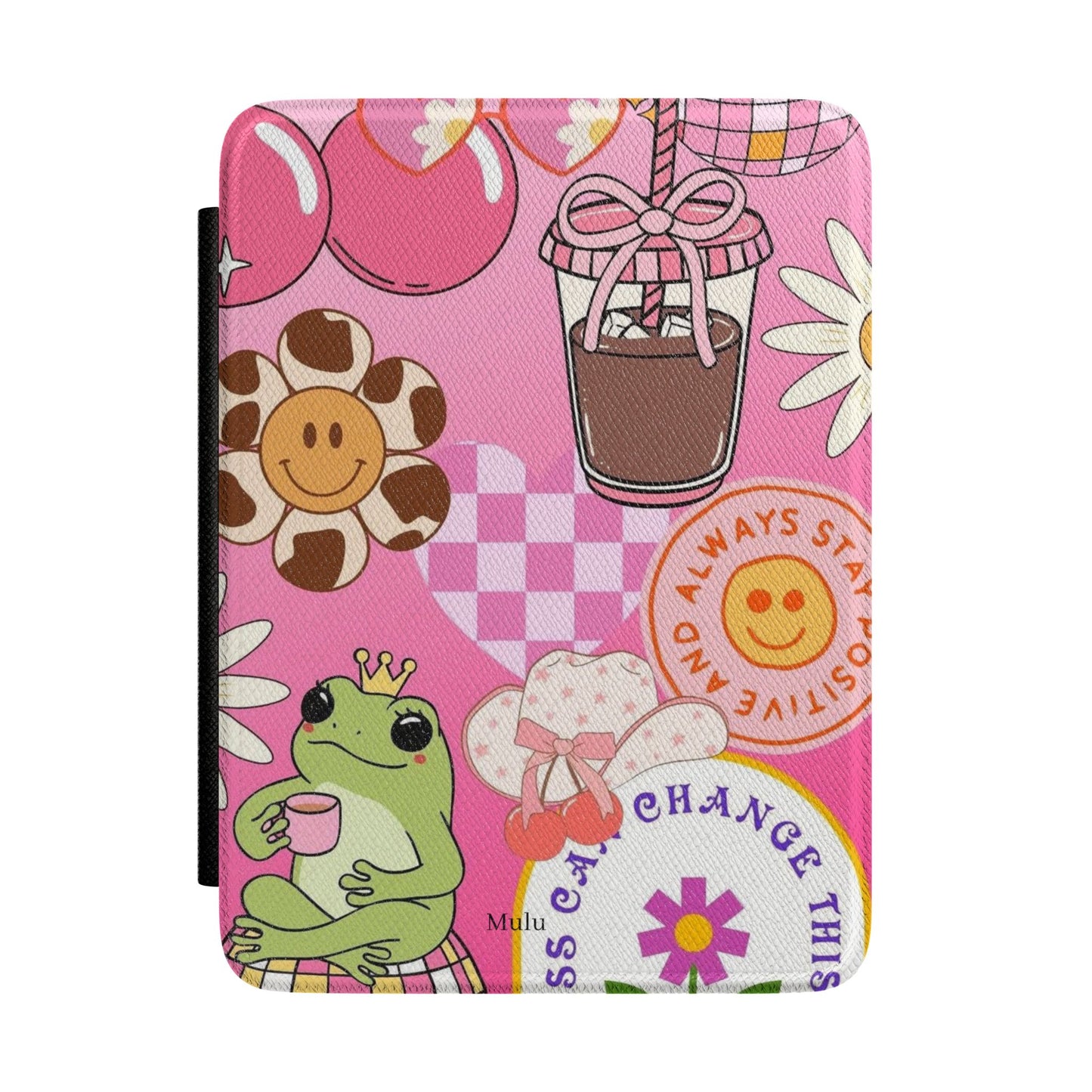 Pink Retro Frog & Smile Sticker Kindle Case — Cute Y2K Floral Kindle Cover