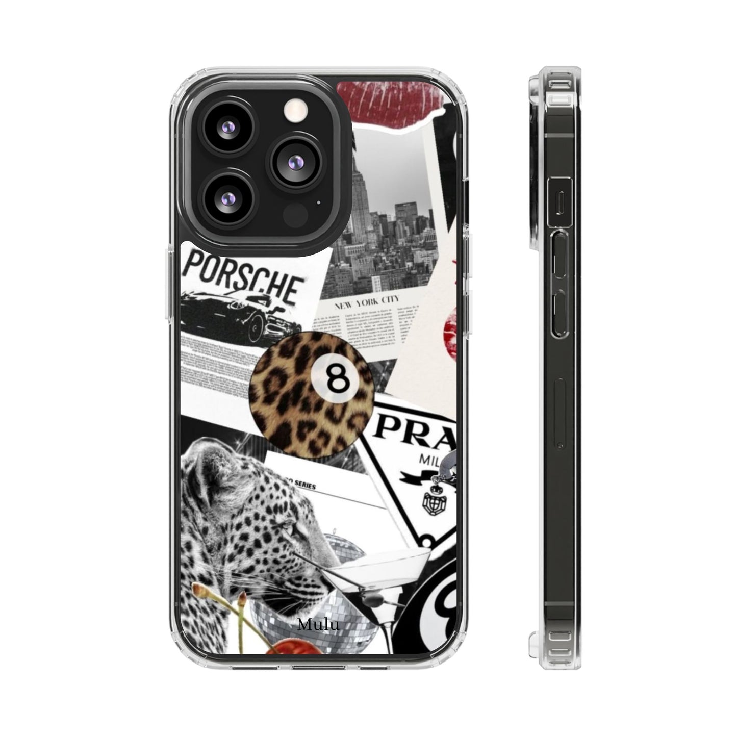 Clear Impact-Resistant Phone Case — Collage Luxury Leopard & Vintage Car Design
