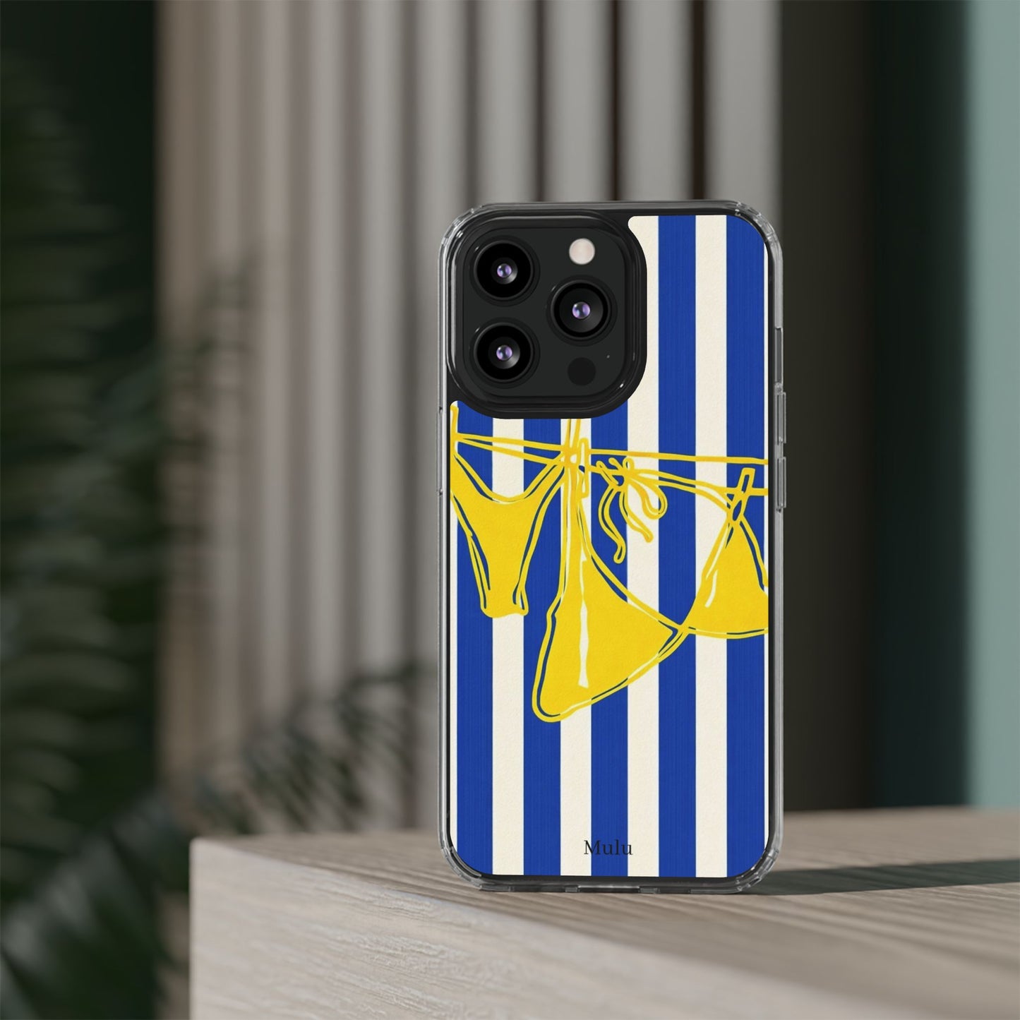 Striped Beach Bikini Phone Case — Yellow Swimwear on Blue & White Stripes, Clear Impact-Resistant
