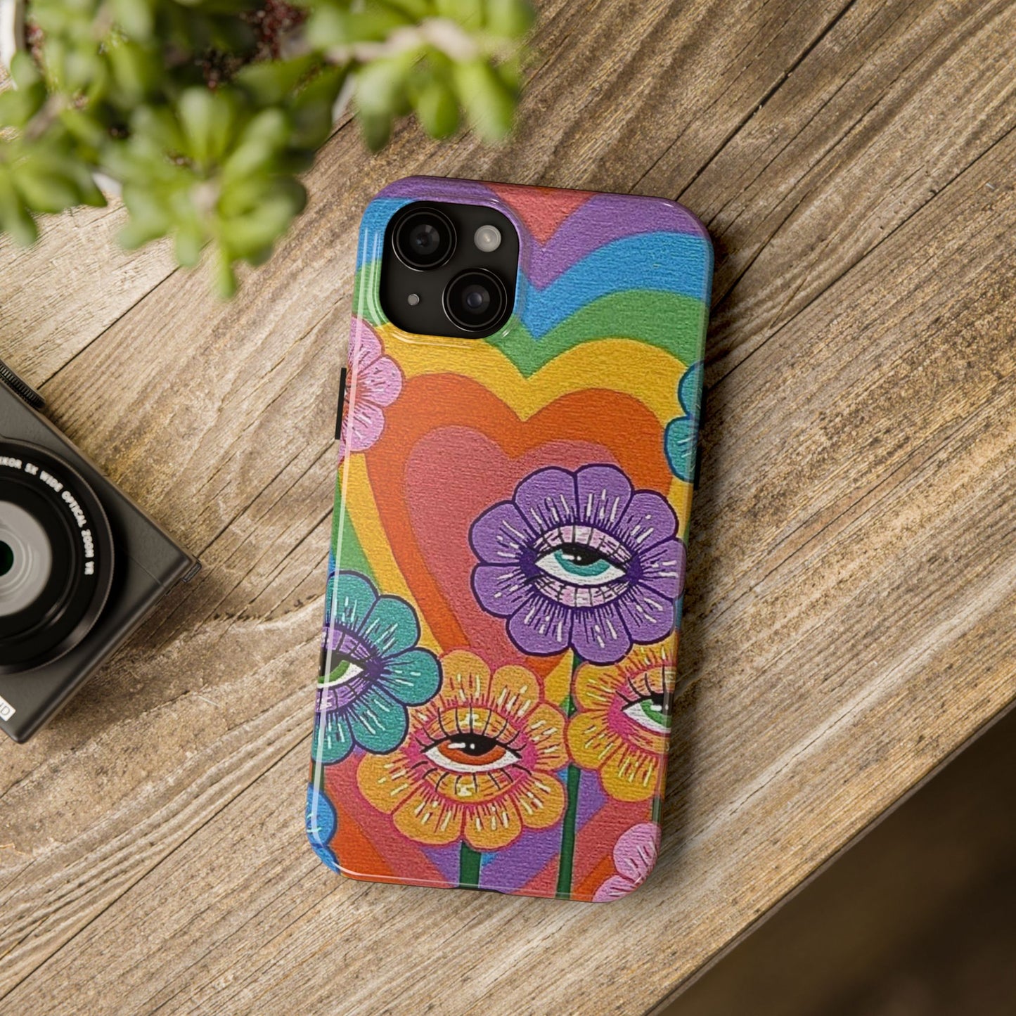Psychedelic Eye Flower Tough Phone Case — Retro Rainbow Protective iPhone Cover
