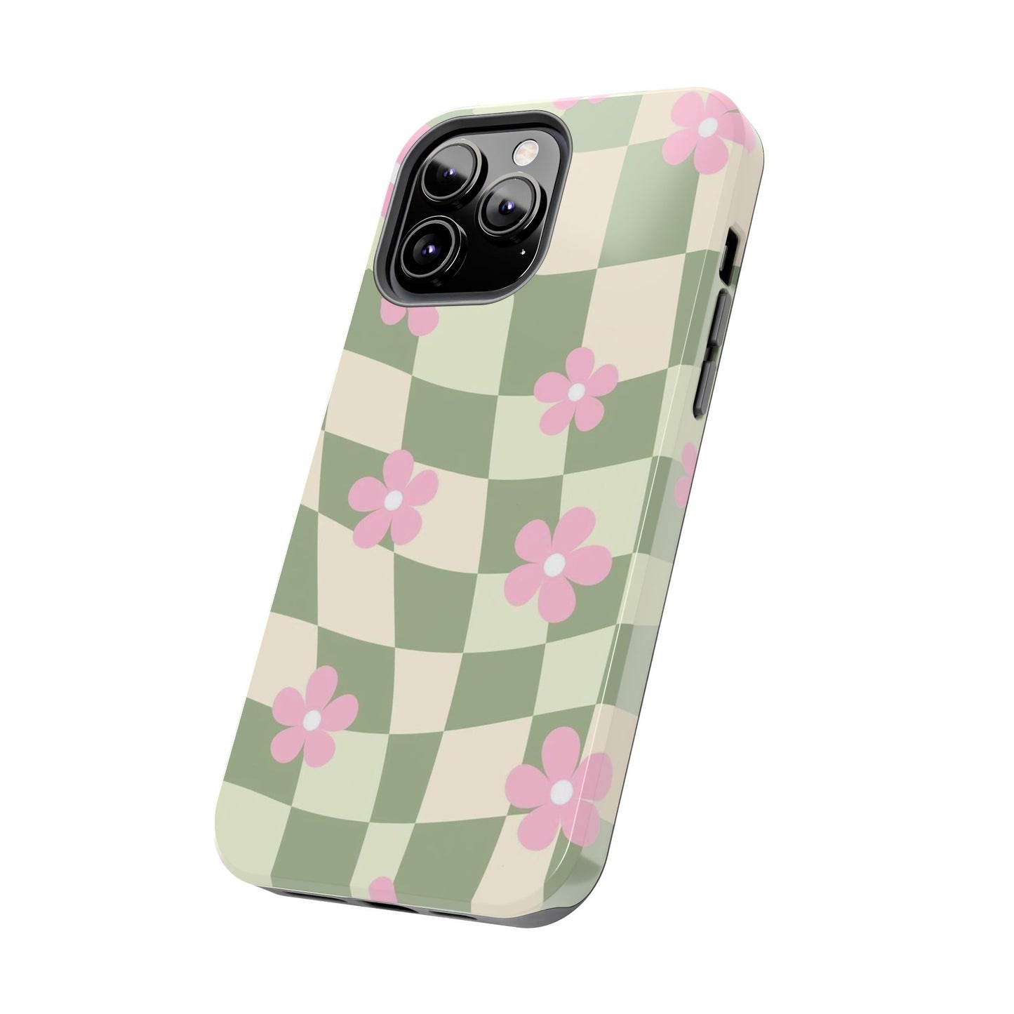 Tough Phone Case — Retro Green Checkerboard with Pink Flowers