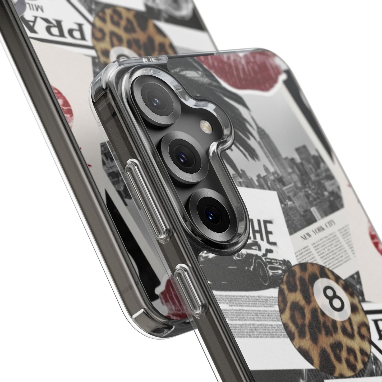 Clear Impact-Resistant Phone Case — Collage Luxury Leopard & Vintage Car Design