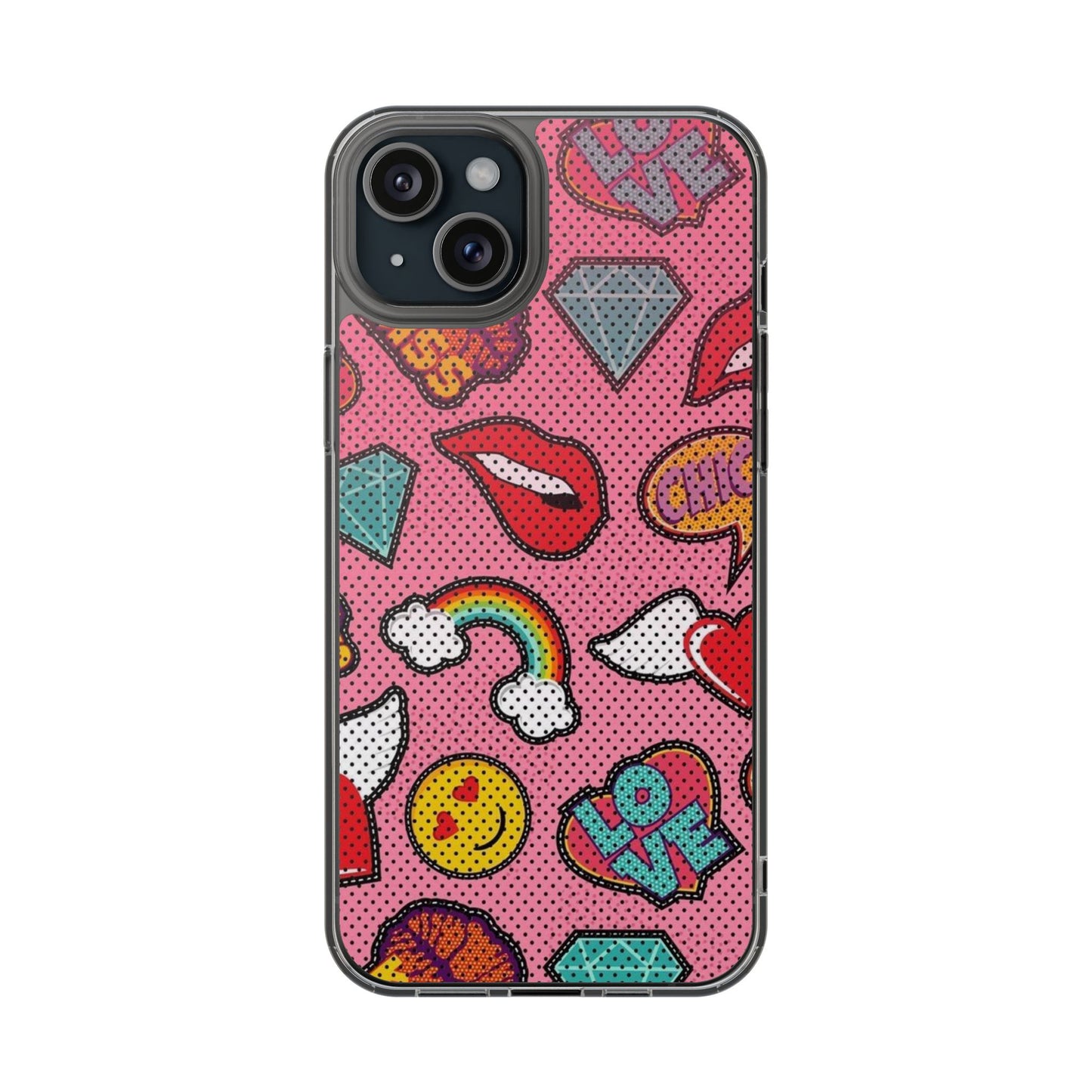 Clear Impact-Resistant Phone Case — Pink Pop Sticker Pattern (Hearts, Rainbows, Smileys)