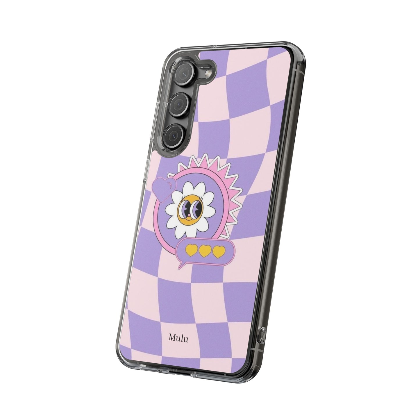 Clear Impact-Resistant Case — Cute Purple Checkerboard Dino with 'Mulu'