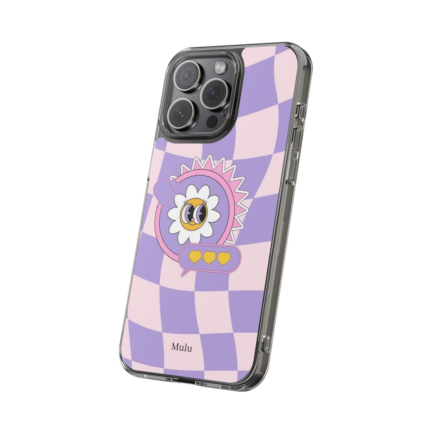 Clear Impact-Resistant Case — Cute Purple Checkerboard Dino with 'Mulu'