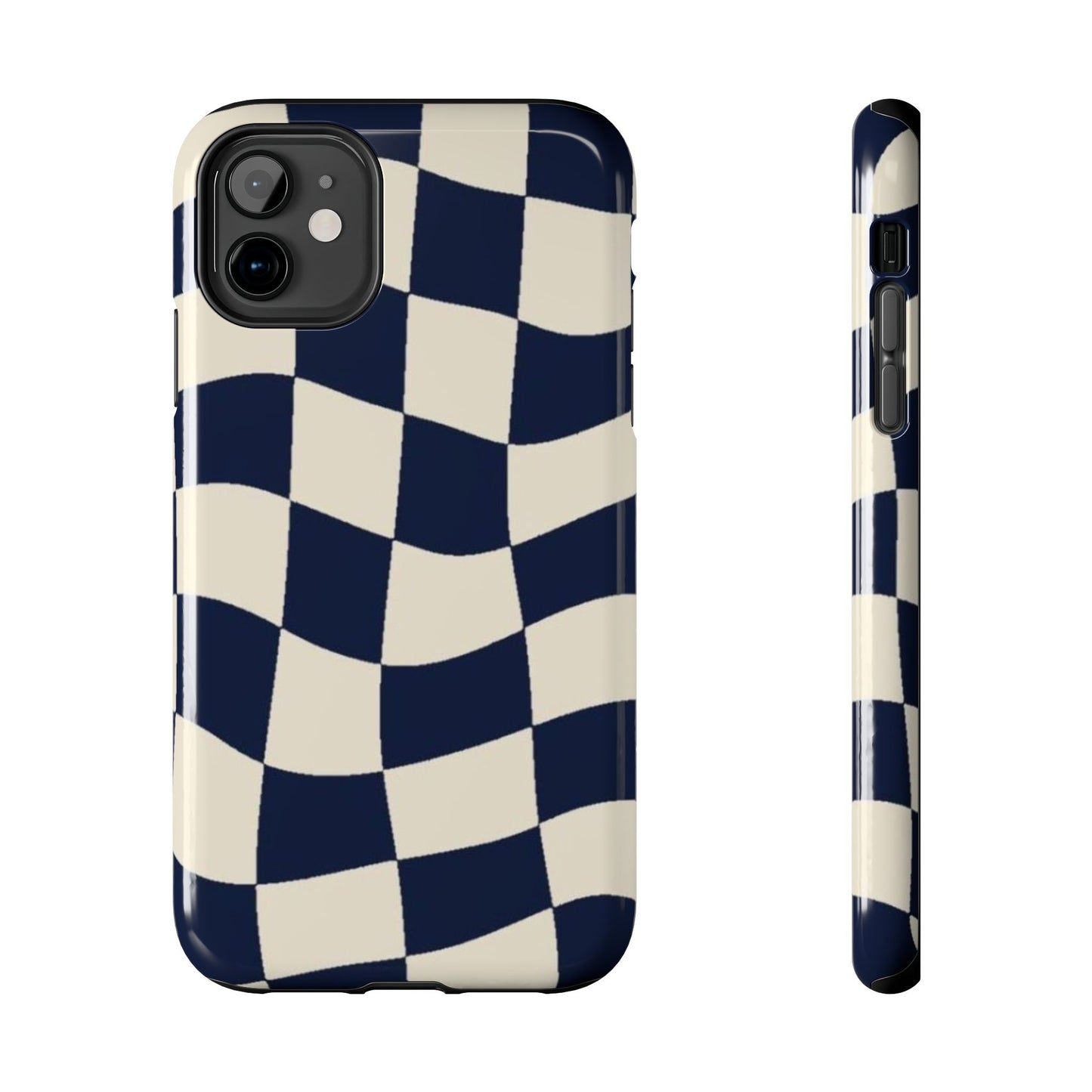 Wavy Checkerboard Tough Phone Case — Navy & Cream Protective Cover