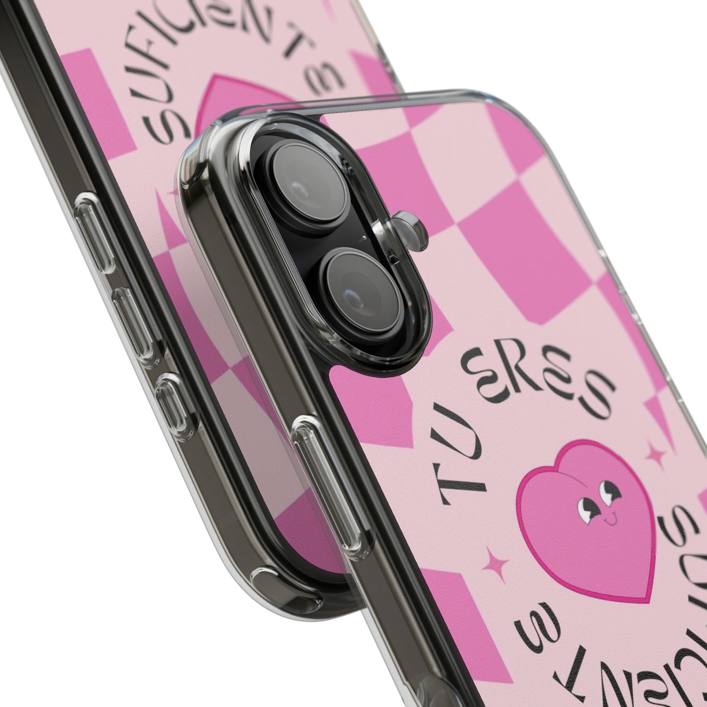 Clear Impact-Resistant Phone Case — Pink Checkerheart “Tu Eres Suficiente” Design