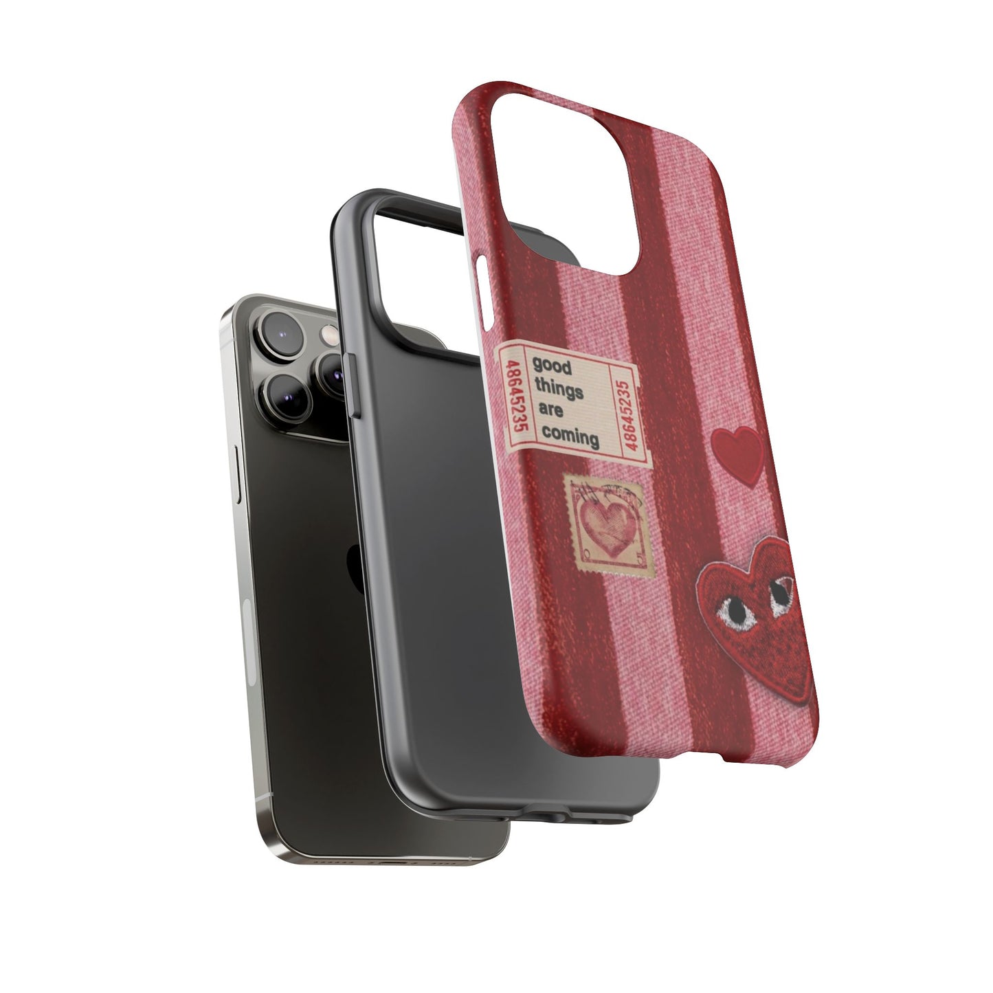 Phone Case — Red Striped Heart Design with “Good Things Are Coming”