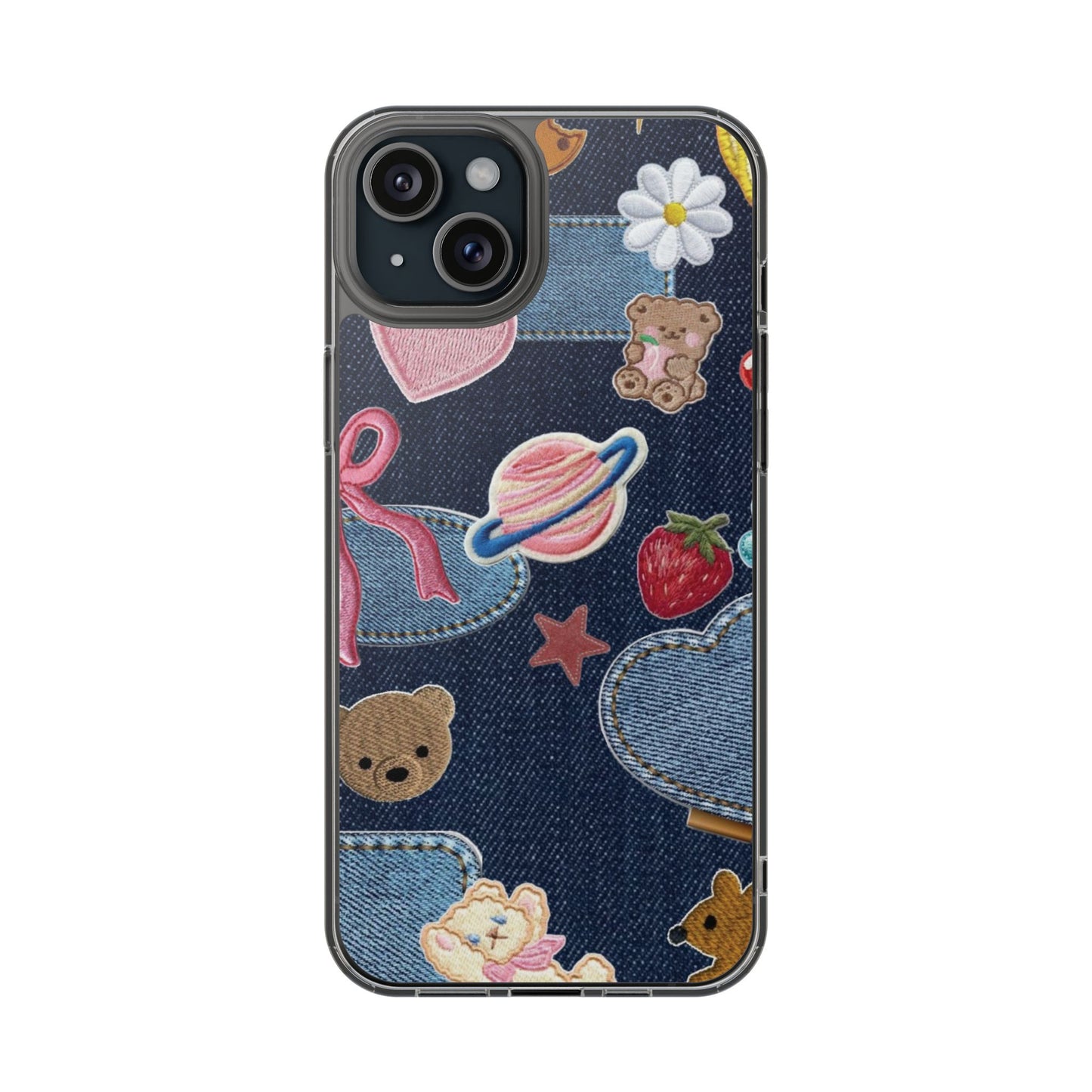 Clear Impact-Resistant Phone Case — Cute Denim Patch Collage (Teddy, Strawberry, Planet)