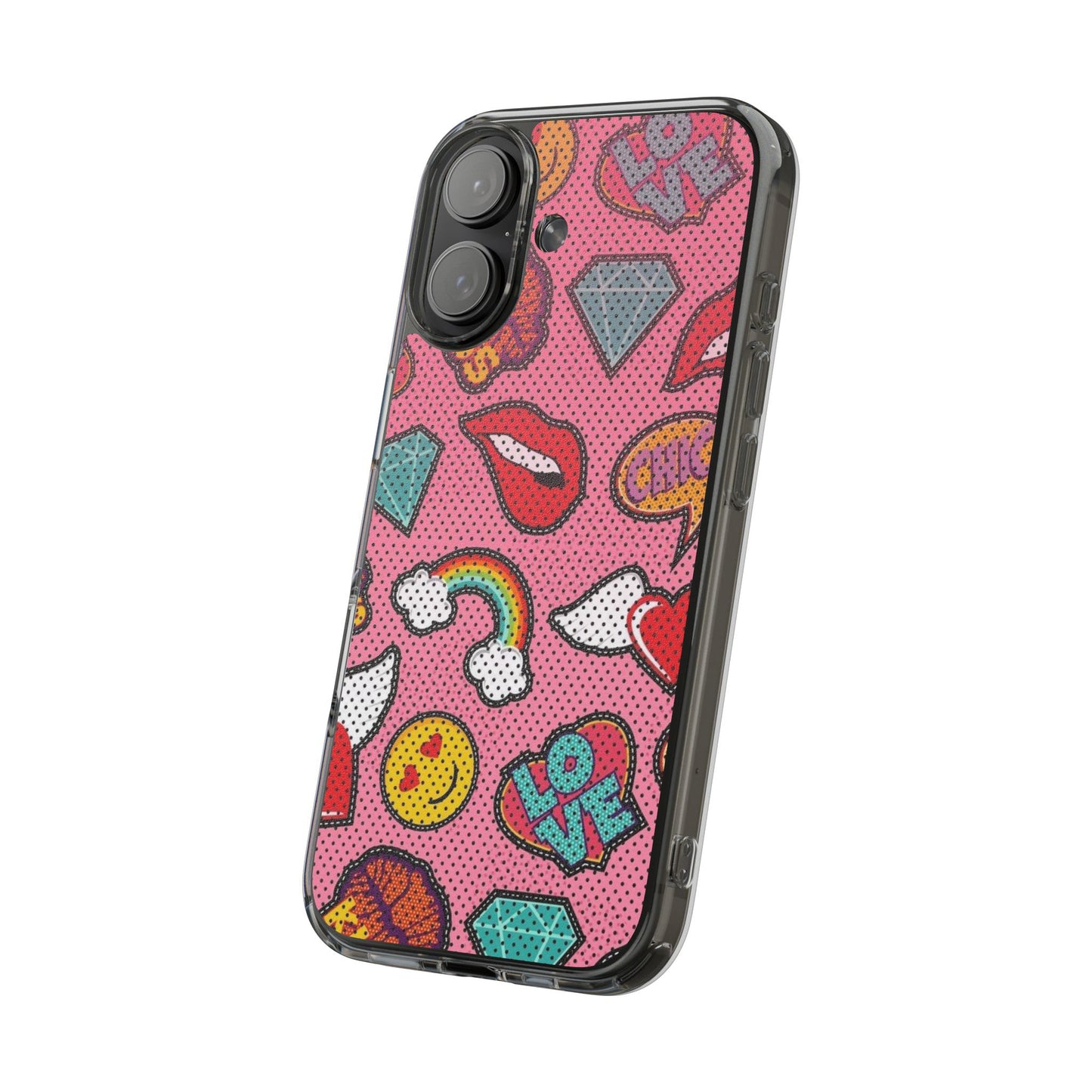 Clear Impact-Resistant Phone Case — Pink Pop Sticker Pattern (Hearts, Rainbows, Smileys)