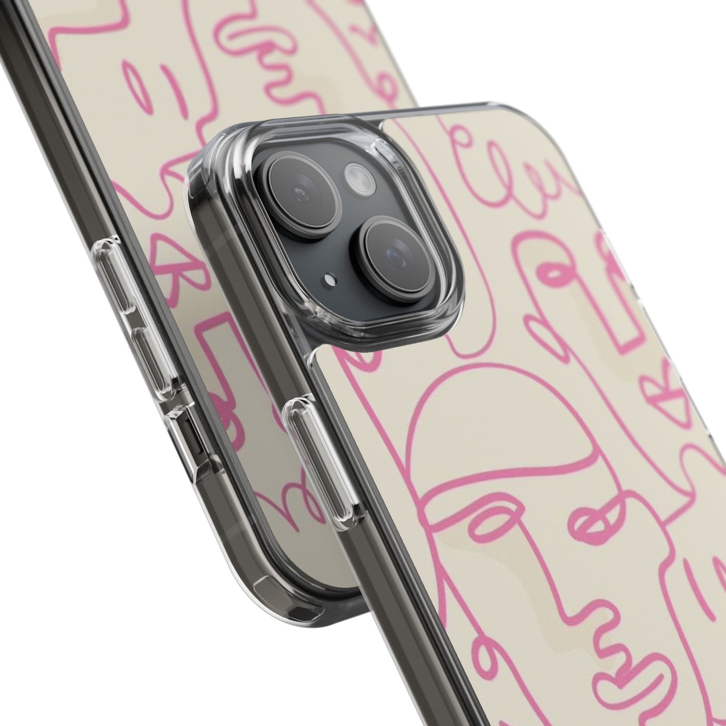 Clear Impact-Resistant Phone Case — Pink Minimalist Line Faces Design