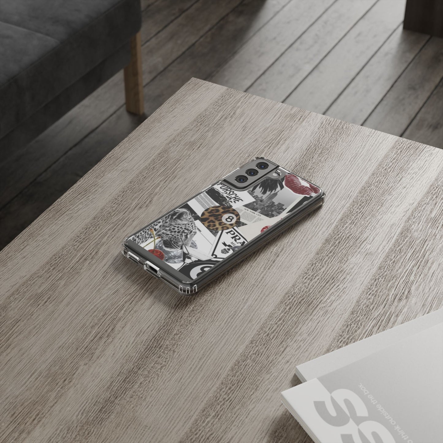 Clear Impact-Resistant Phone Case — Collage Luxury Leopard & Vintage Car Design