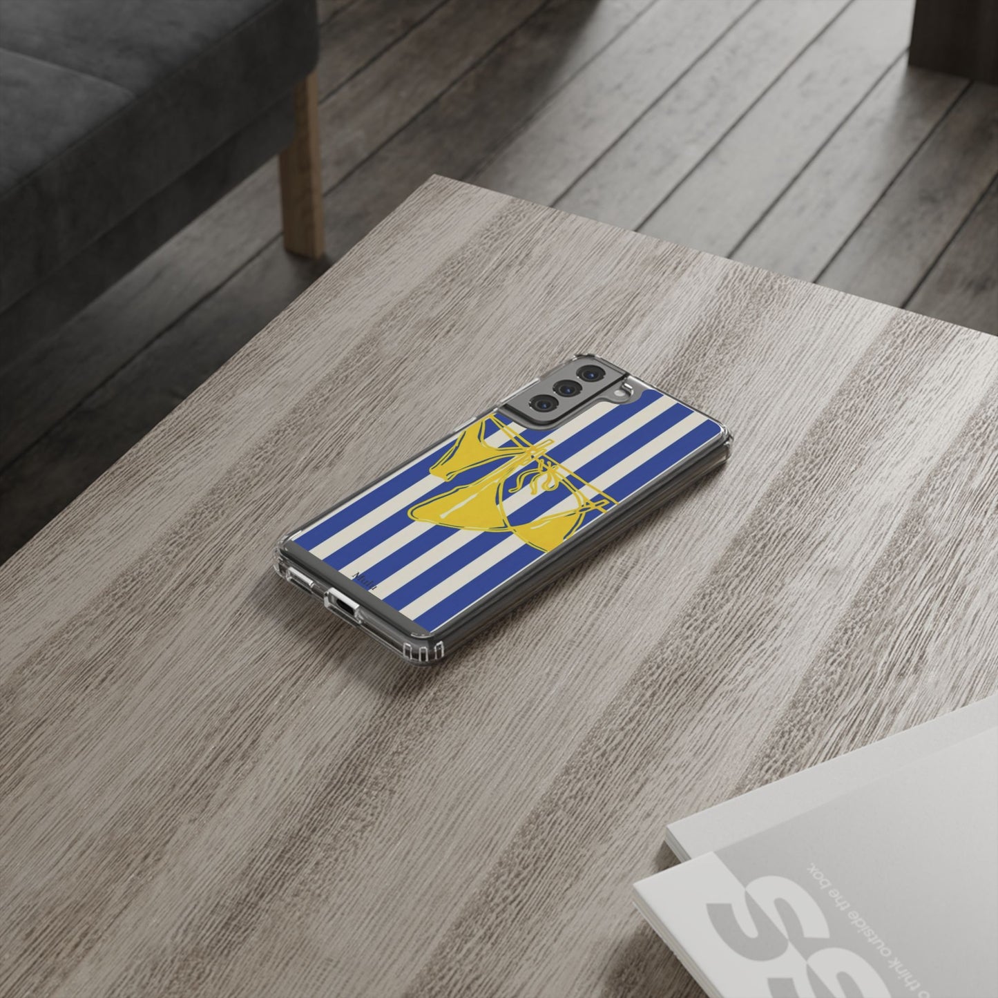 Striped Beach Bikini Phone Case — Yellow Swimwear on Blue & White Stripes, Clear Impact-Resistant