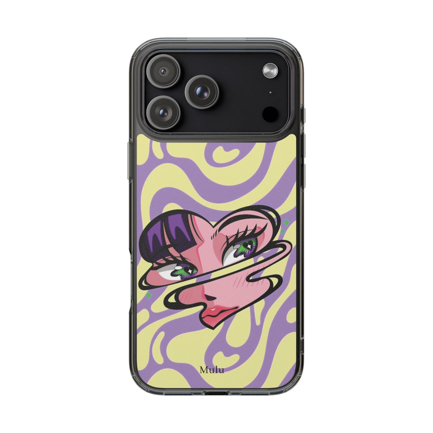 Clear Impact-Resistant Case — Retro Psychedelic Heart Face Design
