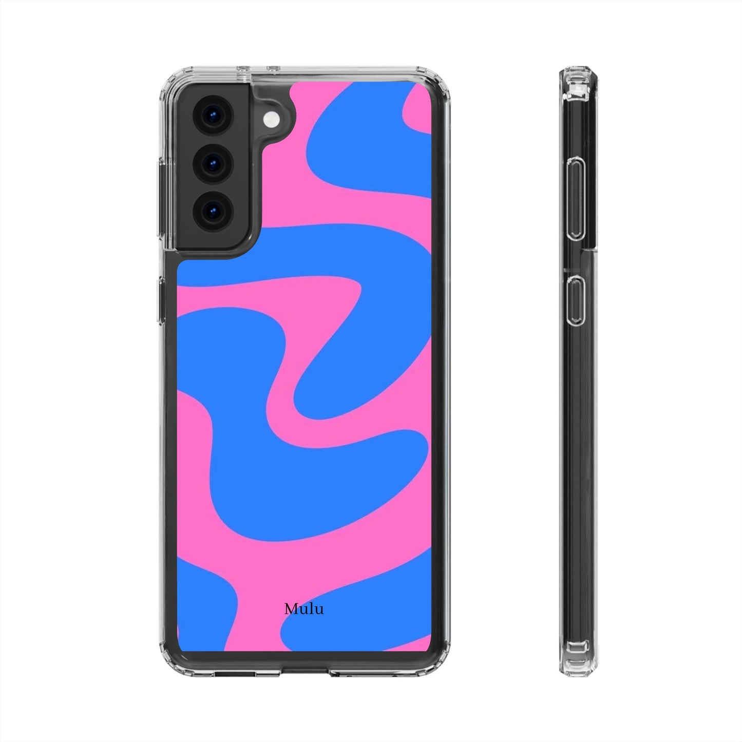 Clear Impact-Resistant Phone Case — Retro Blue & Pink Abstract Swirl
