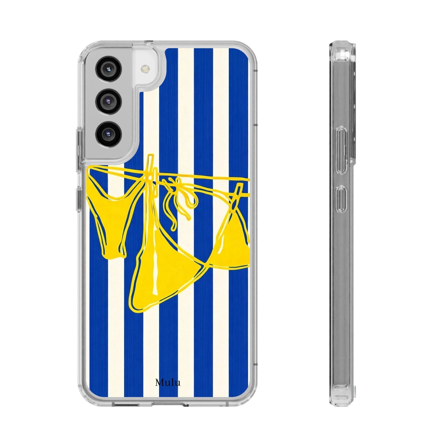 Striped Beach Bikini Phone Case — Yellow Swimwear on Blue & White Stripes, Clear Impact-Resistant