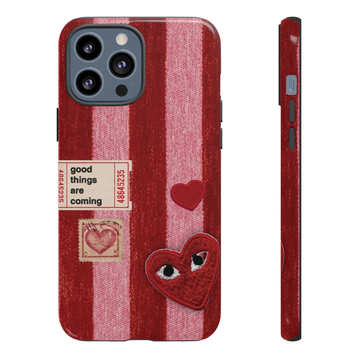 Phone Case — Red Striped Heart Design with “Good Things Are Coming”