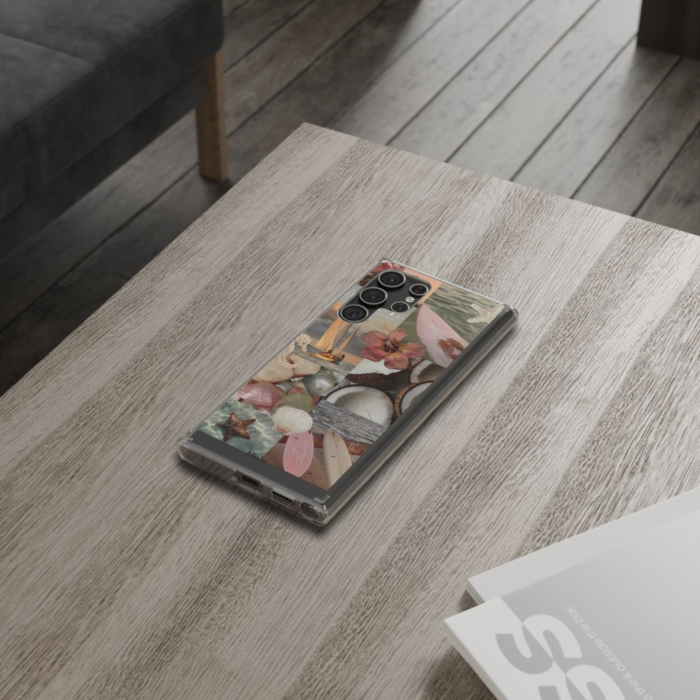 Clear Phone Case — Coastal Collage Shells & Surf Design