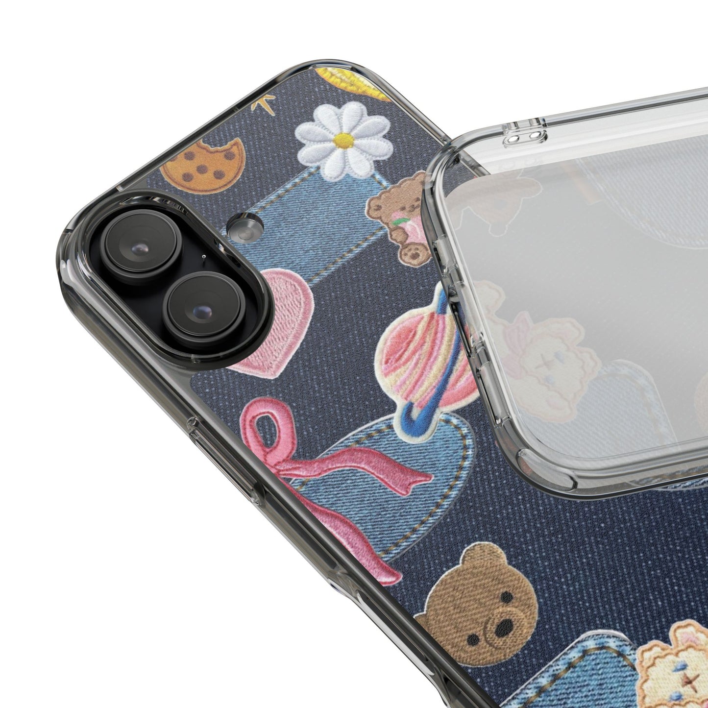 Clear Impact-Resistant Phone Case — Cute Denim Patch Collage (Teddy, Strawberry, Planet)