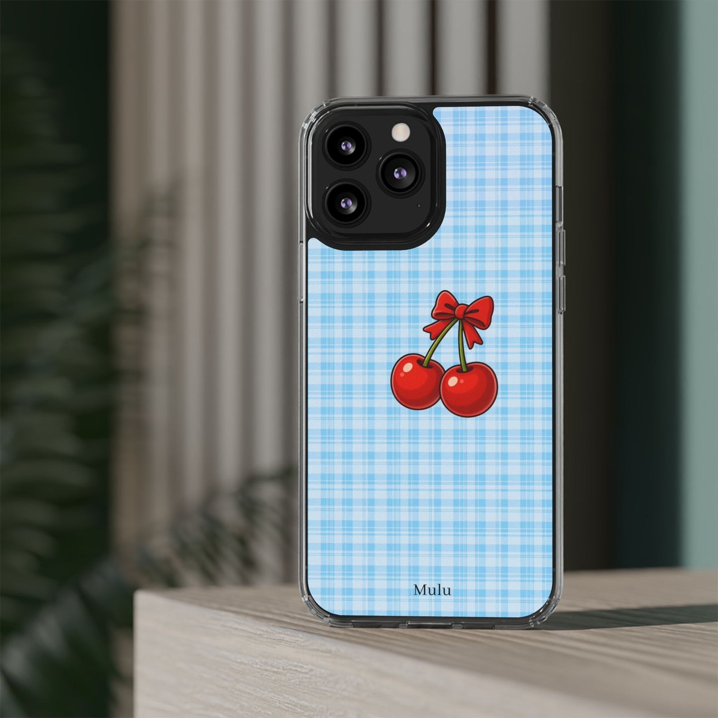 Clear Cherry Gingham Phone Case — Impact-Resistant Clear Case with Red Cherry Design