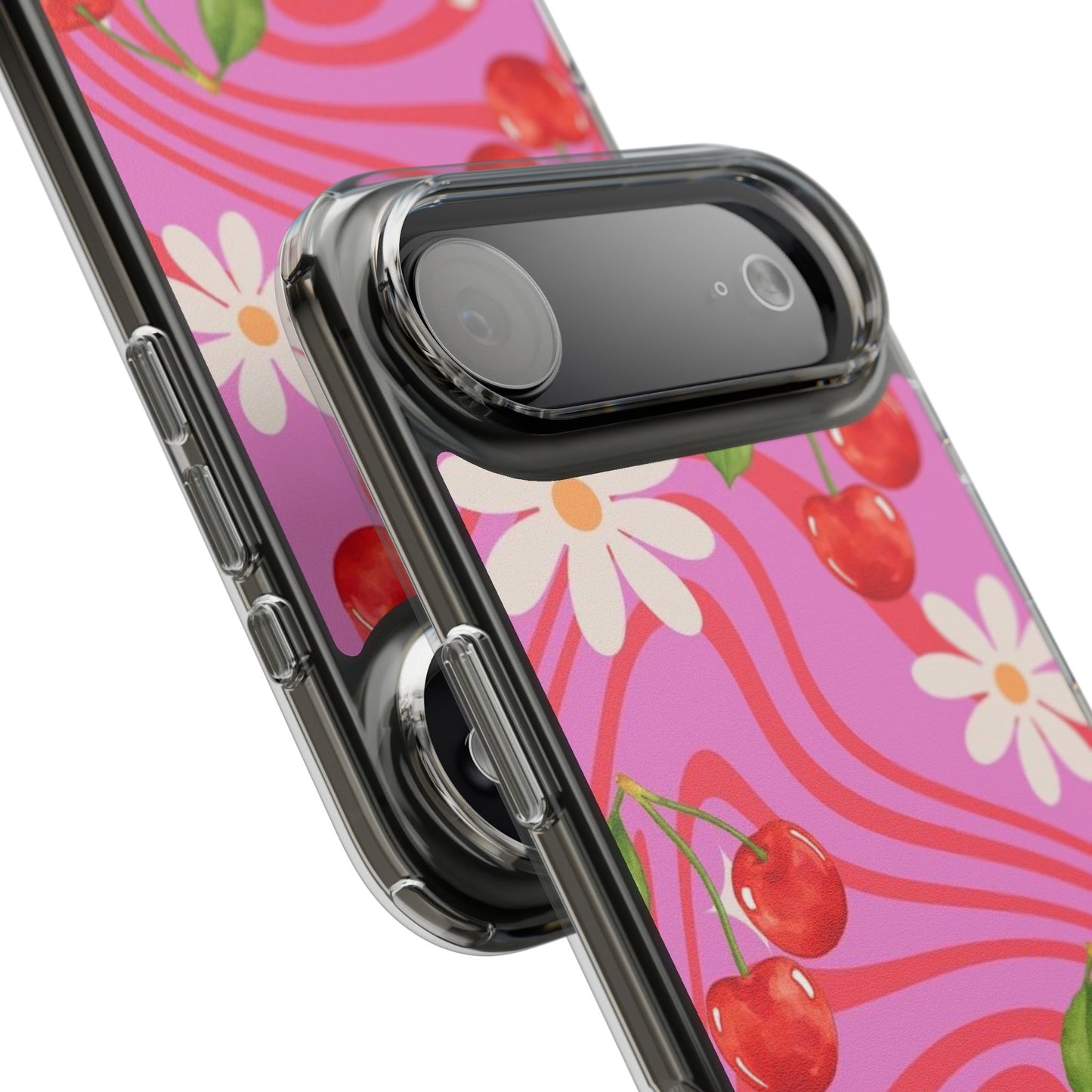 Clear Impact Phone Case — Retro Cherry & Daisy Floral Design